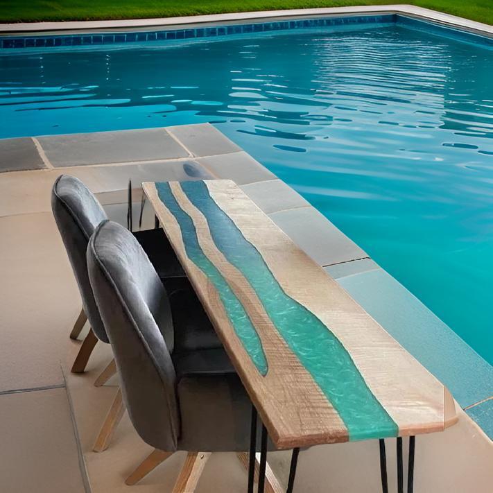 Mesa de comedor de resina epoxi con tema Blue River borde vivo mesa consola lateral de madera para piscina