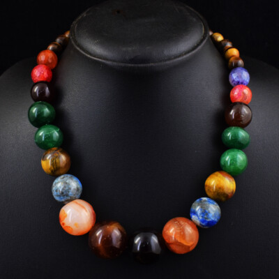669 Cts Earth Mined Tiger Eye & Emerald Round Shape Beads Necklace JK 46E407