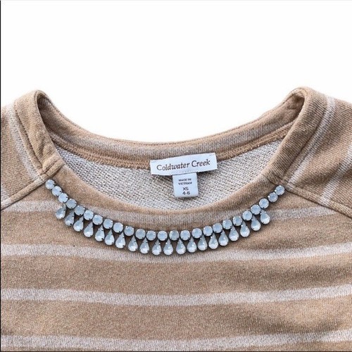 Coldwater Creek Sweater Cream Stripes Jeweled Studs Business Preppy Academia 6 - Picture 3 of 4