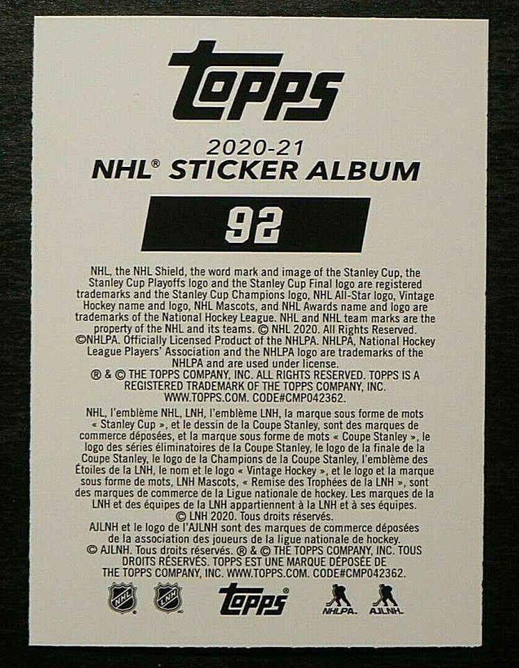 2020-21 20/21 TOPPS NHL Stickers #92 Teuvo Teravainen Carolina Hurricanes - Image 2 of 2