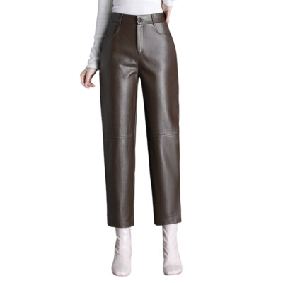 New Womens Real Leather Harem Pants Ladies Loose Stright Ankle Length Workwear