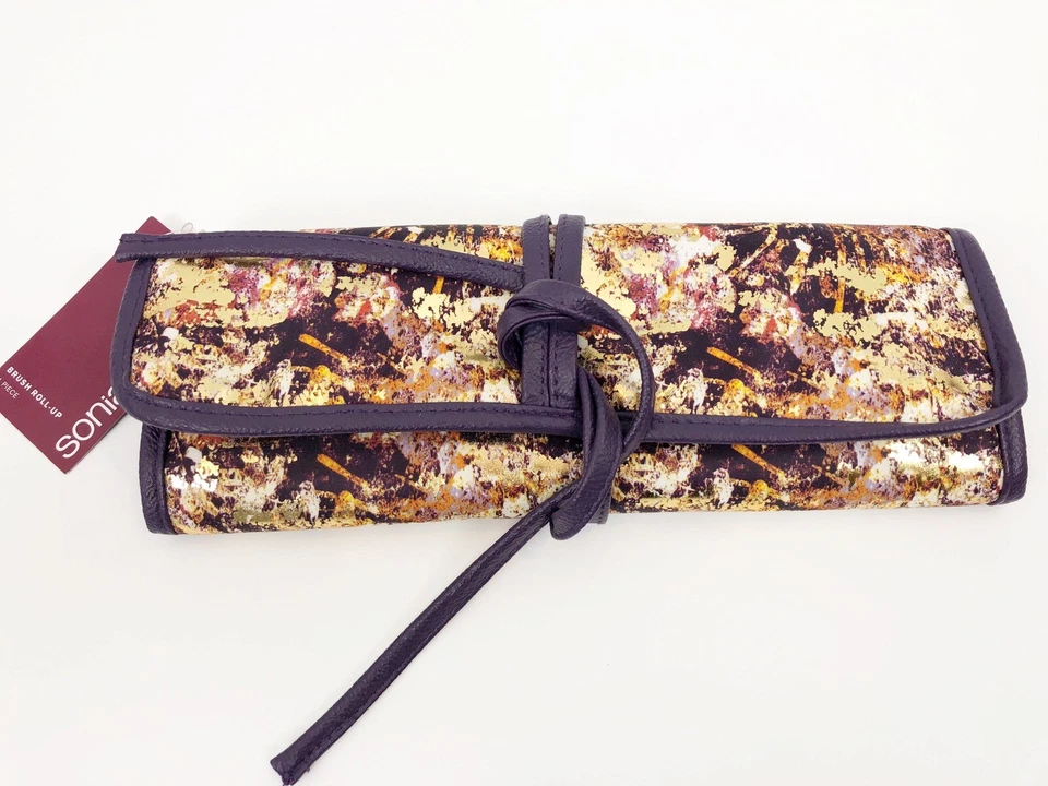 Estuche de Maquillaje Sonia Kashuk 10 Bolsillos Pinceles Dorado Púrpura Enrollable Cosméticos Viaje Foto 2 de 4