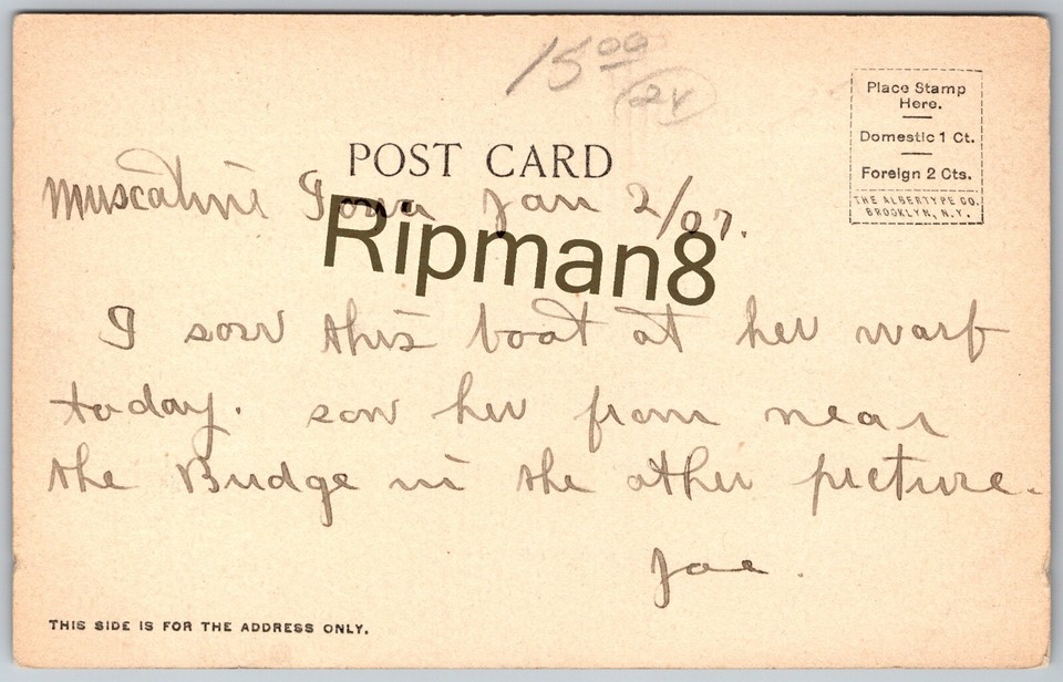 MISSISSIPPI RIVER STEAMBOAT. MUSCATINE, IA. 1906 LoCONGRESS Postcard