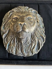 VINTAGE 1978 BERGAMOT BRASS WORKS LION HEAD BELT BUCKLE SOLID CAST USA J-145