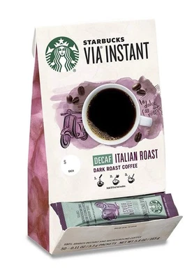 BRANDED Starbucks via Instant Coffee—Dark Roast — Decaf Italian Roast—100% Arabica—1 Box