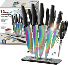 Marco Almond 14-Piece Rainbow Color Stainless Steel Knife Set, Chef Knives for K