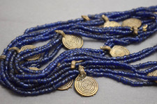 Vintage Venetian? African? Naga? Glass Bead Necklace Blue 44" Metal Pendant