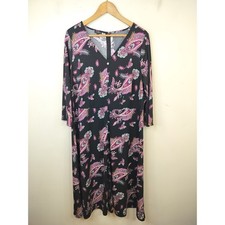 Talbots Floral Midi Dress 1X Stretch Jersey Paisley Buttons Black Pink