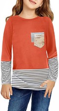 Girls Clothes Casual Long Sleeve Pocket Striped Tunic Girls' Tops, Tees  Blo...