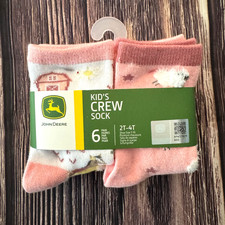 John Deere Girls Crew Socks 6 Pack Size 2T-4T Farm Animals Pink Yellow White