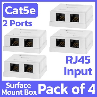 4 Pack RJ45 Surface Mount Box 2 Port Wall Mount Cat5e Ethernet Connector - White