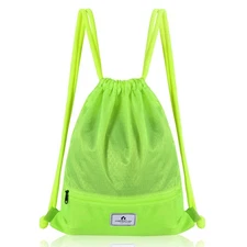 Costway Drawstring Backpack String Bag Folding Sports Sack w/Zipper Pocket Green