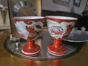 Antique Japanese Meiji Period Kutani saiji bajohai Footed Sake Cup Meiji Period