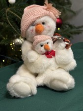 Russ Berrie Puff the Snow Girl with baby Snow Girl Pink Hat, Red Scarf Retired