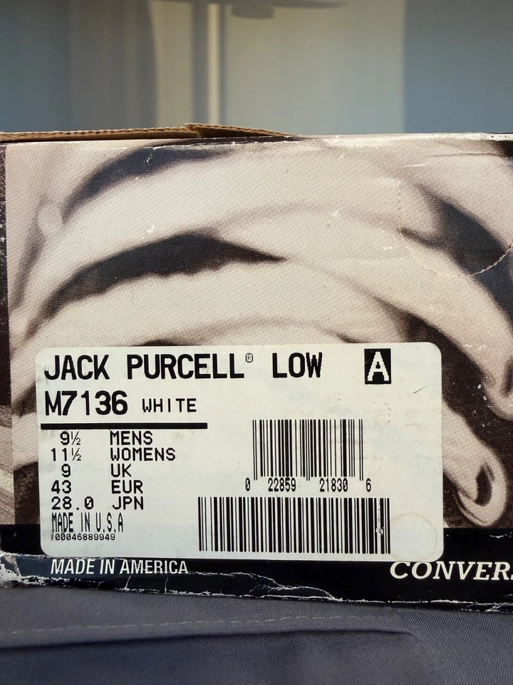 Jack Purcell Top Low M 9.5/W 11.5 White 90's MADE IN USA w/ Original Box & Tag - Image 2 of 4
