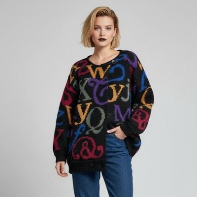 Vintage 80s Alphabet Letters Cardigan Sweater Oversized Wool Blend 