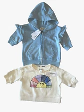 Gymboree Sweatshirts Girls 0-3m 2 Pc Lot Cream Rainbow Pullover Blue Full Zip