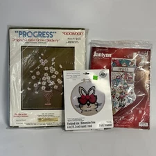 Lot Of 3 Punch Needle Cross Stitch Kits New Bunny Stocking Flowers