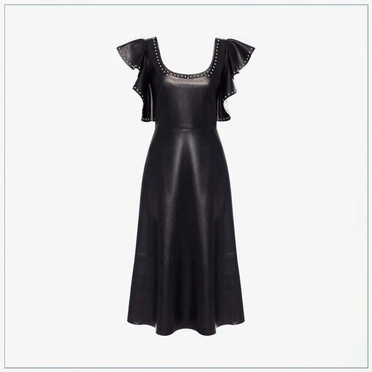 Abito midi Alexander McQueen $8990 bordo borchiato pelle di agnello con volant passerella