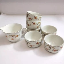 7 Hall Mary Dunbar Jewel Tea Autumn Leaf Custard Bowls Cups Ramekins Creamer