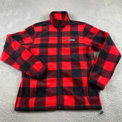 Columbia Jacket Mens Small Red Black Buffalo Plaid Lumberjack Fleece Full Zip