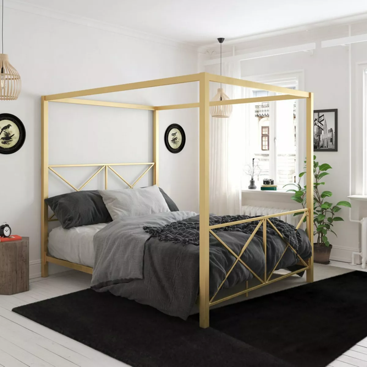 Full Queen Gold Metal Canopy Bed Frame Criss Cross Headboard