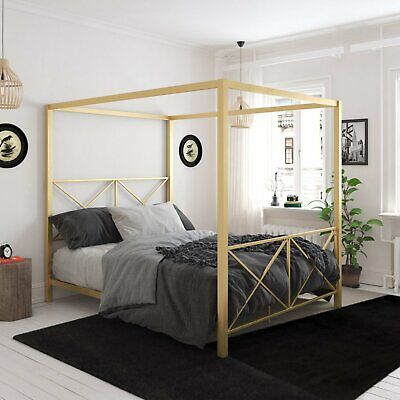 Full Queen Gold Metal Canopy Bed Frame, Metal Queen Bed Headboard And Footboard