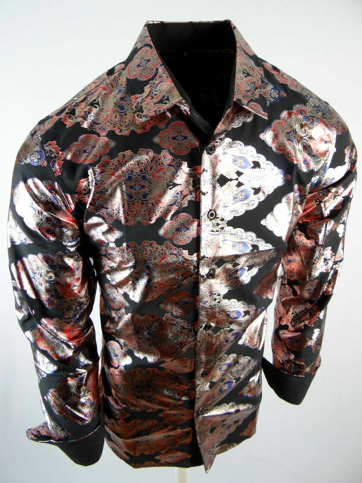 Men Shirt Black Shiny Foil Metallic Paisley Pattern Smooth Stretch Button Up
Opens in a new window o