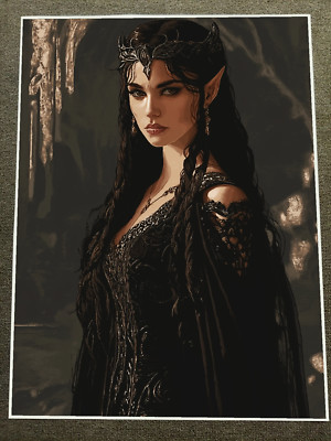 Mysterious Dark Elf Woman in Cave with Crown Poster 18x24in