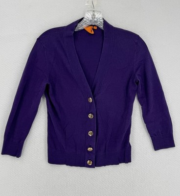 Tory Burch Womens Purple Cotton V Neck Button Front Cardigan Sweater Sz XS