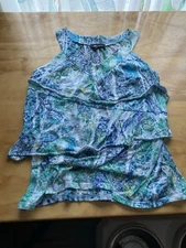 AB Studio Blue Green Paisley Floral Print Halter V-Neck Ruffled Tank Top Size L