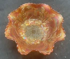 BEAUTIFUL VINTAGE CARNIVAL FENTON MARIGOLD STAG & HOLLY FOOTED RUFFLED BOWL