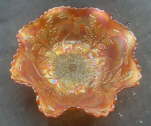 BEAUTIFUL VINTAGE CARNIVAL FENTON MARIGOLD STAG & HOLLY FOOTED RUFFLED BOWL