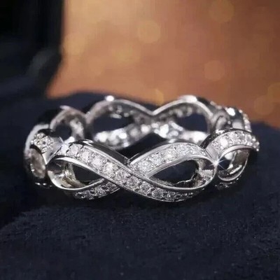Round Simulated Diamond Infinity Eternity Wedding Ring 14K White Gold Plated