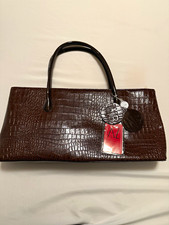 Brown Croc Embossed Zip Top Satchel Top Handl...