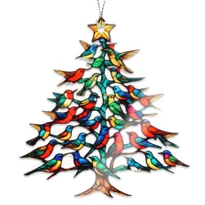 Stained Glass Christmas Tree Ornament with Birds – Hummingbird Xmas Decor