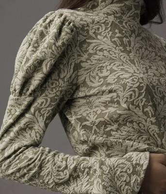 Anthropologie Top Olive Grn Cream Jacquard Puff Slvs Flare Wrist Mock neck tie
