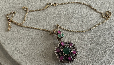 Vintage Sterling Silver Turkish Gold Vermeil  Ruby Emerald Pendant Necklace 18''