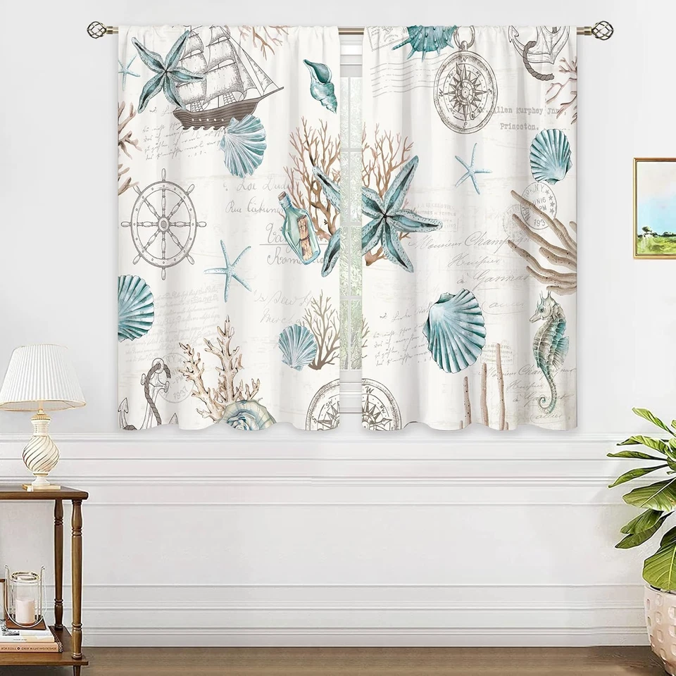 De colección Estrellas de Mar Conchas de Mar Pequeñas Cortinas de Cocina Coral Náuticas Ventana Treatmen Foto 4 de 4