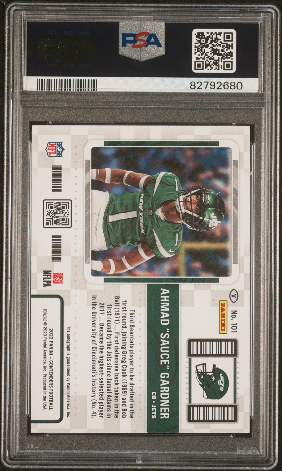 2022 Contenders Ahmad Sauce Gardner RC Variation Ticket Red Zone Auto PSA 9