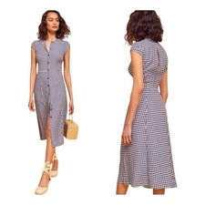 Reformation Fauna Button Front Midi Dress in Madison Check Blue Size 0
