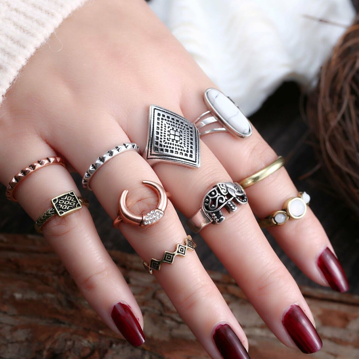 Set 10pcs Boho Elephant Turquoise Crystal Finger Knuckle Set 10pcs Boho Elephant Turquoise Crystal Finger Knuckle