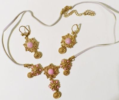 Parure Bijou Vintage Collier Et Boucles D'oreilles Or émail Rose - Occasion