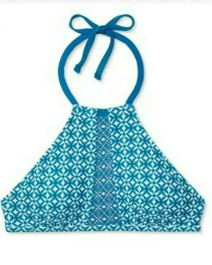 BIQUÍNI MOSSIMO gola alta HALTER TOP XL azul-petróleo esfumaçado branco ilhós floral natação - Imagem 2 de 4