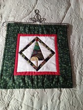 Vtg Hand Made Quilt Wall Hanging Christmas Tree Decorative Metal Wood Hanger