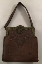ANTIQUE VINTAGE ART DECO LEATHER TOOLED PURSE PAINTED METAL DECORATION
