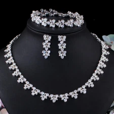 White Gold Plated CZ Leaf Round Engagement Necklace Earring Bracelet Jewelry Set