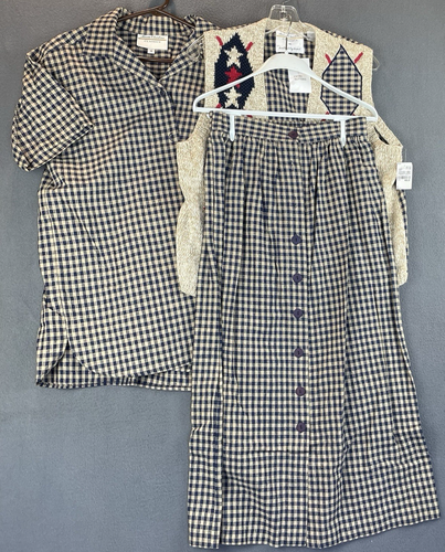 VTG Marisa Christina 3PC Set Outfit Sz M/S NWT Blue Tan Gingham Skirt Vest Top