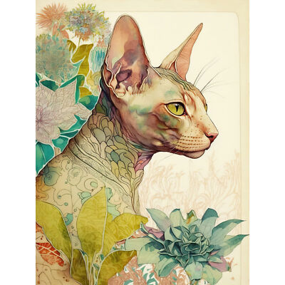 Sphynx Cat with Floral Tattoo and Flowers XL Wall Art Canvas Poster Print Huge