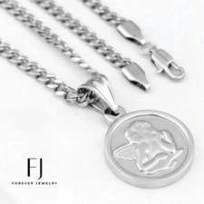 Men's 20" Cuban Curb Chain,ANGEL Pendant Stainless Steel High Polish +Box